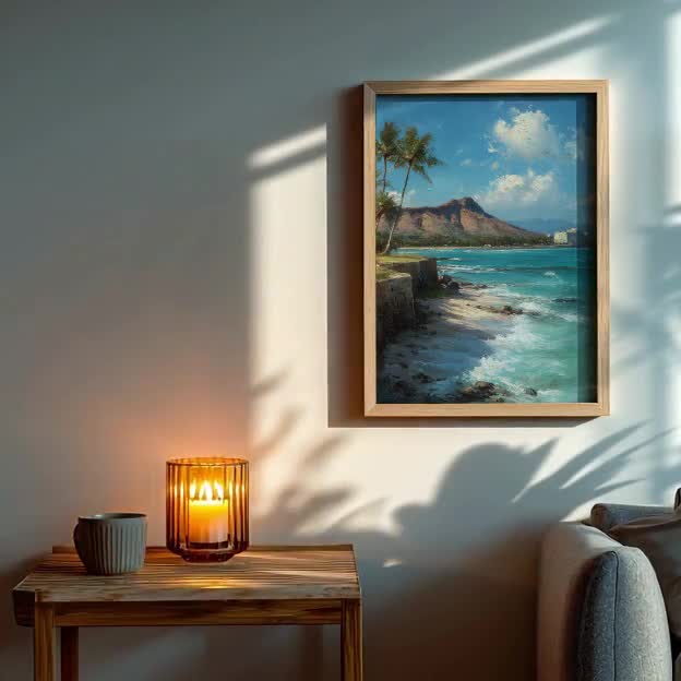 Vintage Hawaiian Diamond Head Painting: Coastal Decor Art (digital